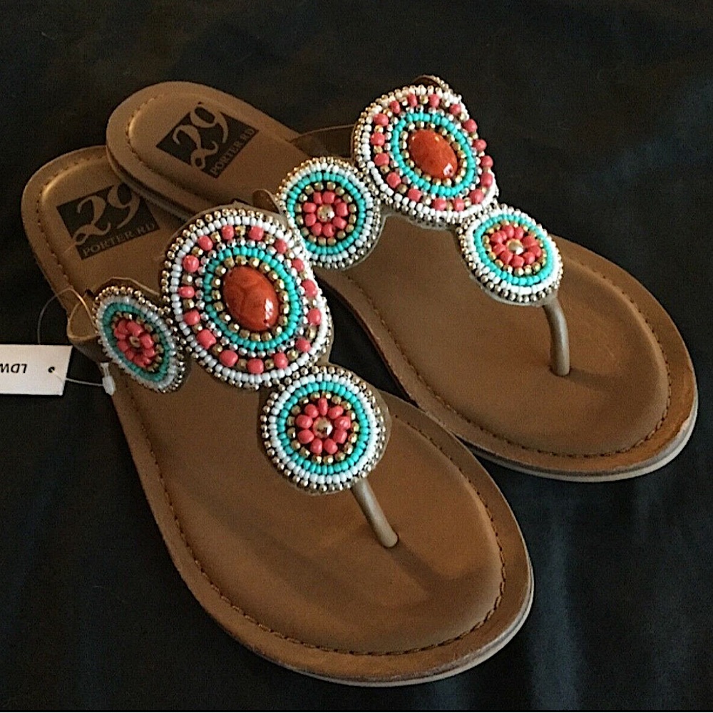 Bohemian BEADED Flat Sandals LEATHER Turquoise Orange Multicolor Sz 7